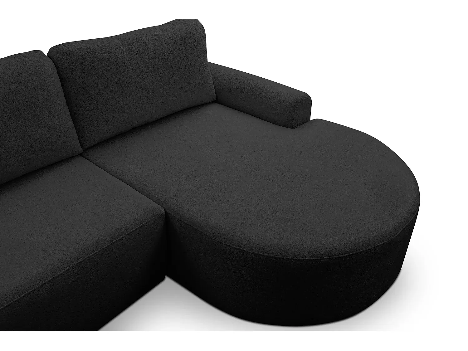 L-förmiges Sofa mit Schlaffunktion und Stauraum, Bouclé-Stoff, Schwarz, Ottomane rechts