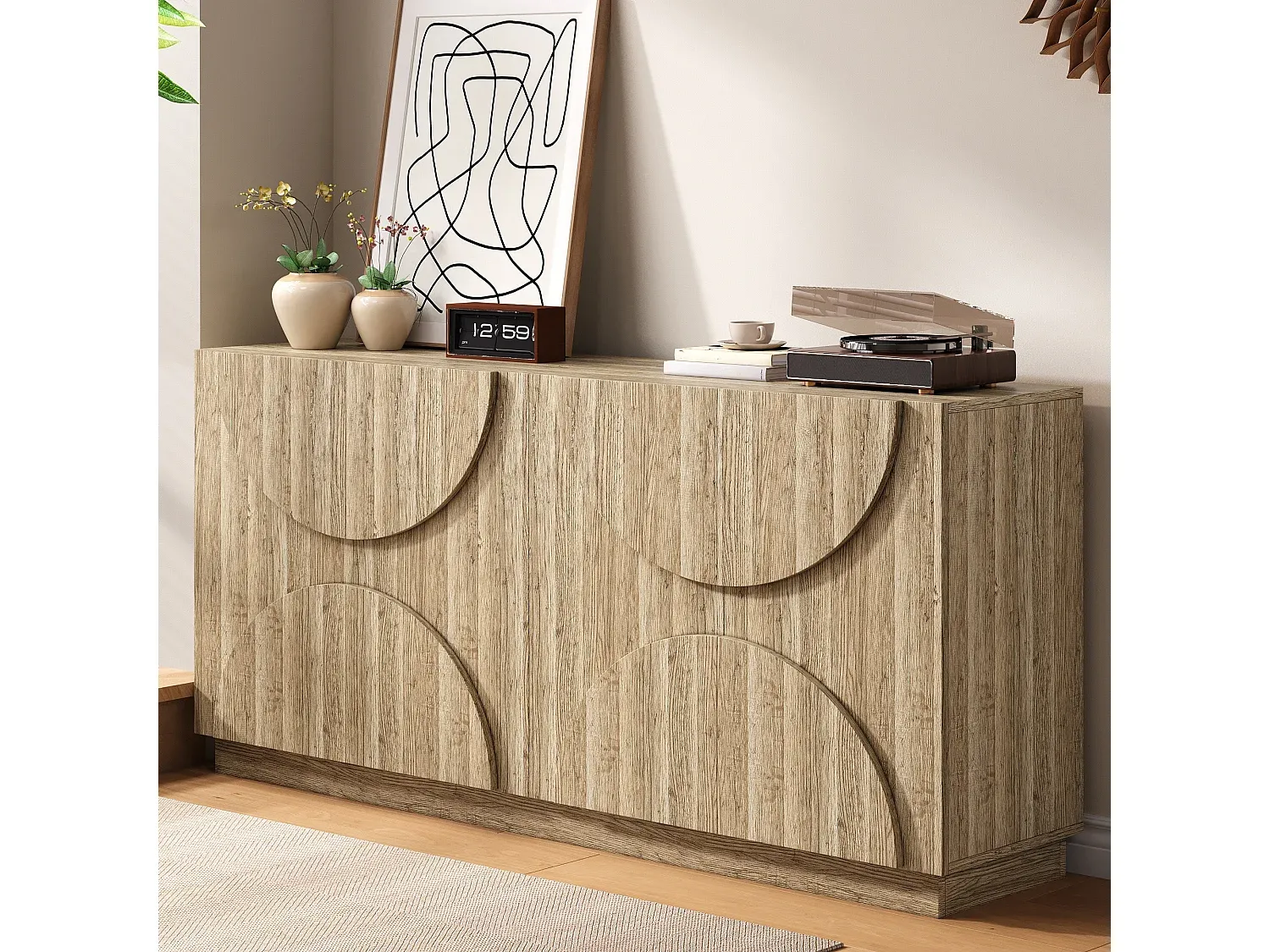 Skandinavisches Sideboard mit 4 Türen, 160 x 40 x 80 cm, helles Holz