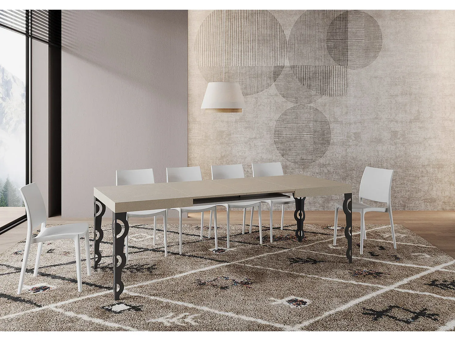 Erweiterbarer Esstisch aus Glas mit Eisenbeinen, Anthrazit