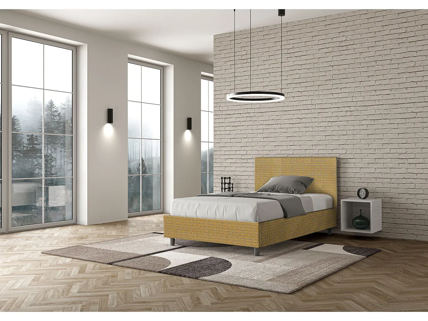 Gepolstertes Bett ohne Lattenrost 120x200 mit Stoffbezug Gelb
