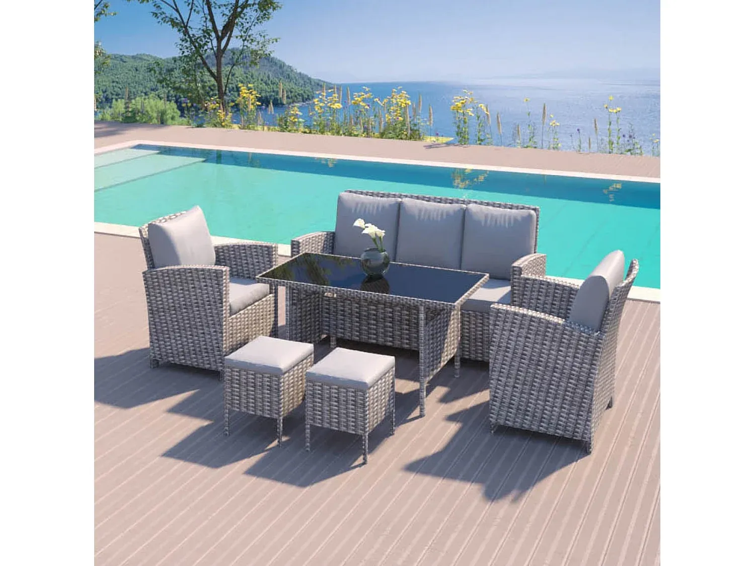 Gartenmöbel-Set aus Polyrattan, 7-teilig, hellgrau