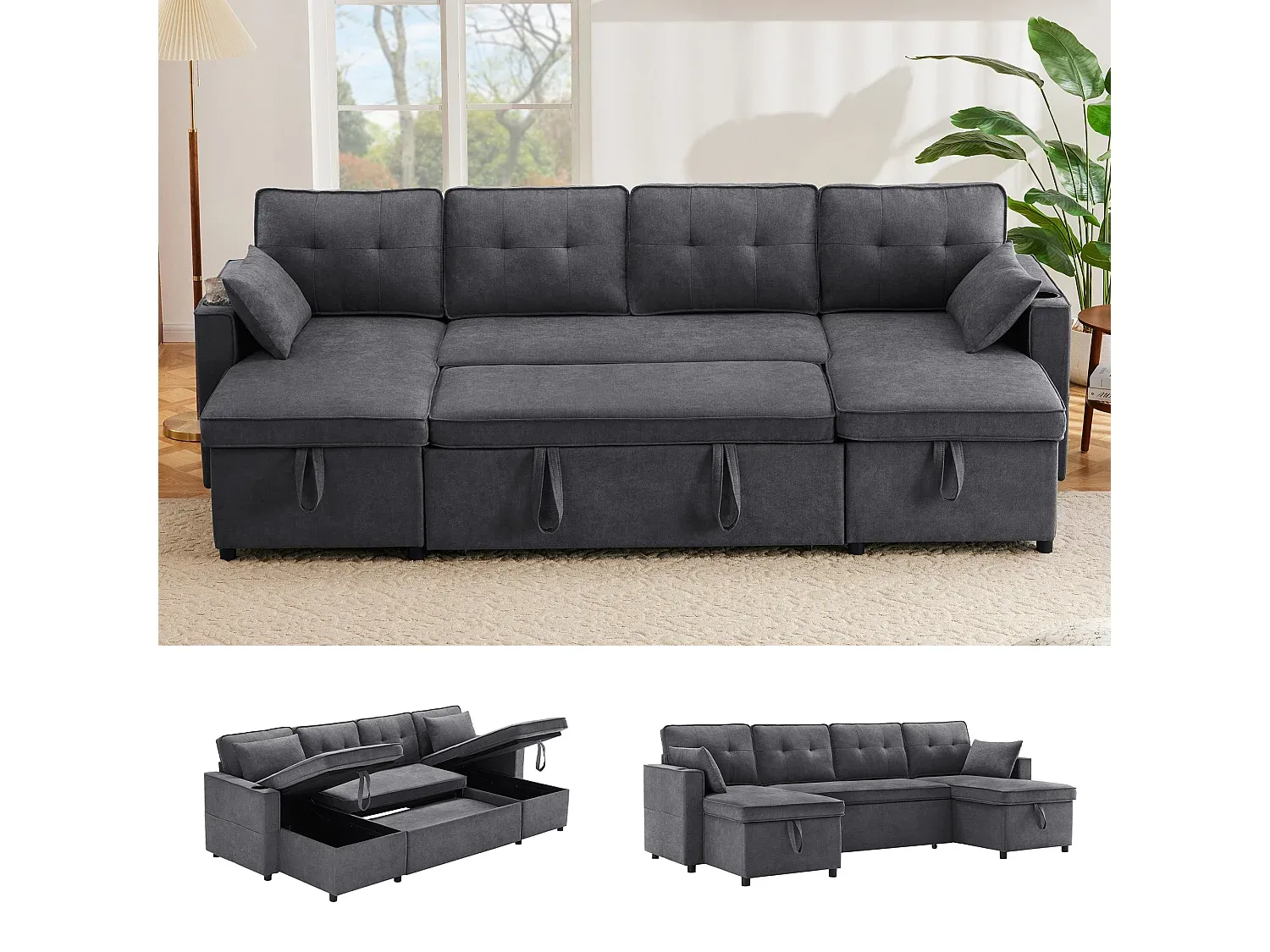 Modernes U-förmiges Schlafsofa für vier Personen mit Stauraum und Getränkehalter, Grau