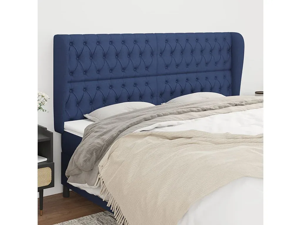 Bettkopfteil mit Ohren in Blau, Stoff, 203x23x118/128 cm