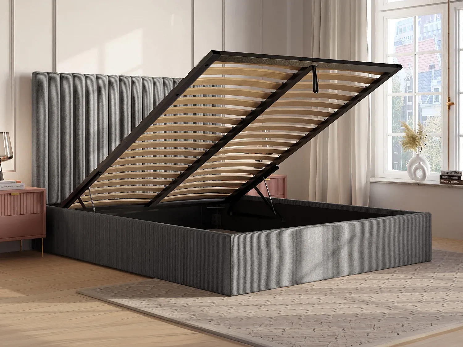 Bett mit Stauraum und Kopfteil - 160 x 200 cm - Grau