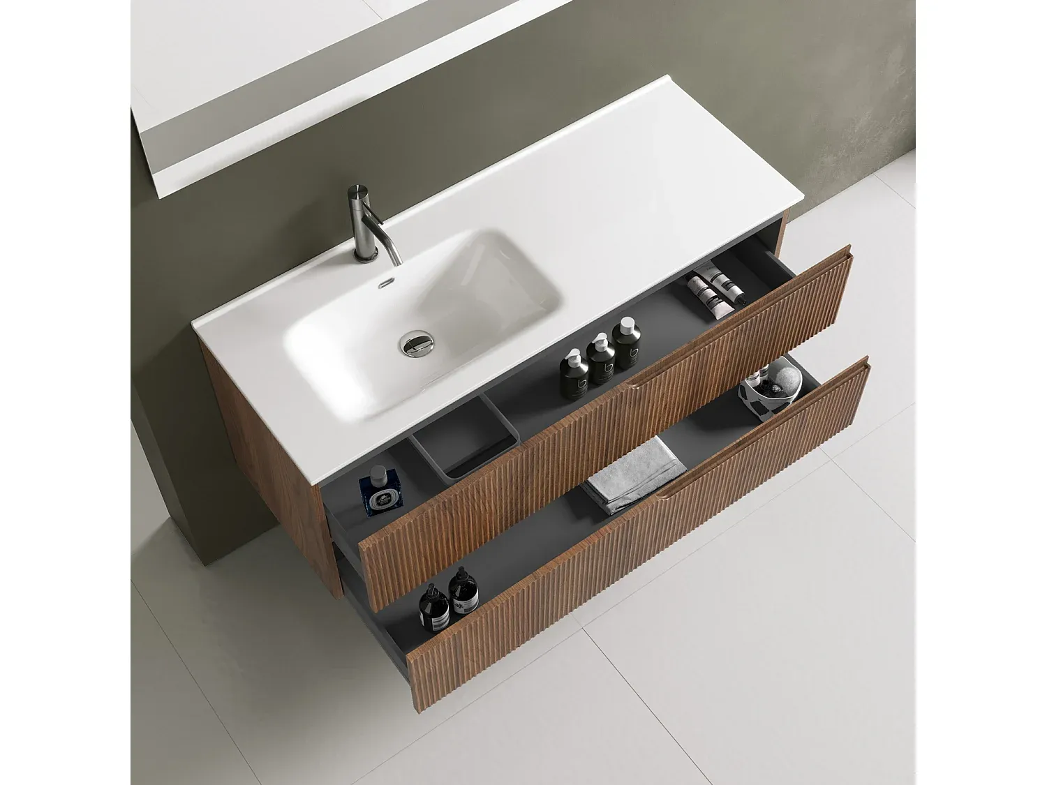 Eckbadewanne mit 4-teiliger Ausstattung in Eichenoptik