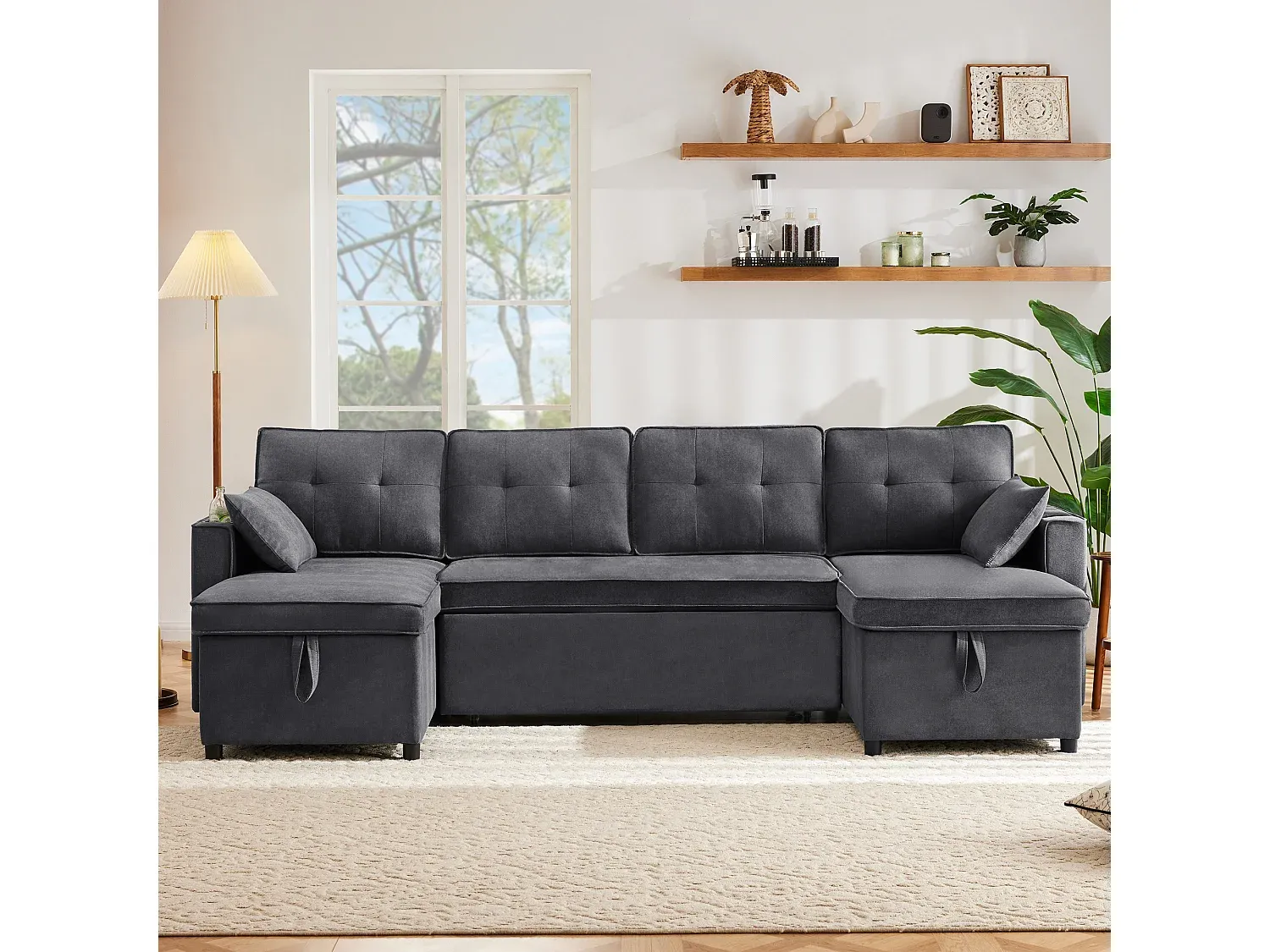 Modernes U-förmiges Schlafsofa für vier Personen mit Stauraum und Getränkehalter, Grau