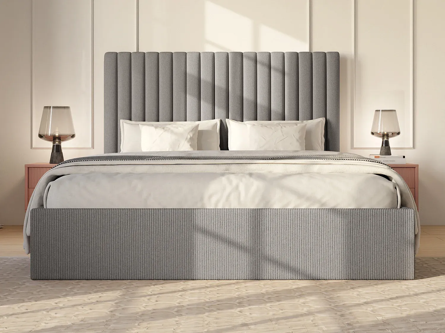 Bett mit Stauraum und Kopfteil - 160 x 200 cm - Grau