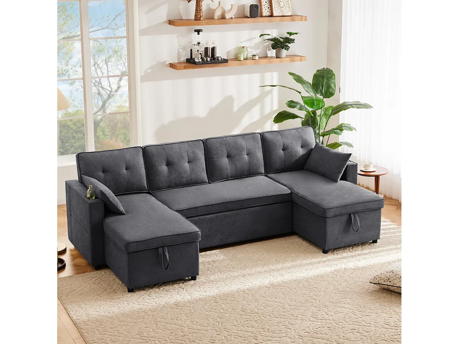Modernes U-förmiges Schlafsofa für vier Personen mit Stauraum und Getränkehalter, Grau