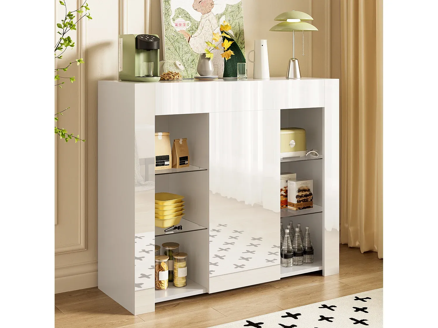 Moderne Sideboard mit Glasregalen und Hochglanz-Finish