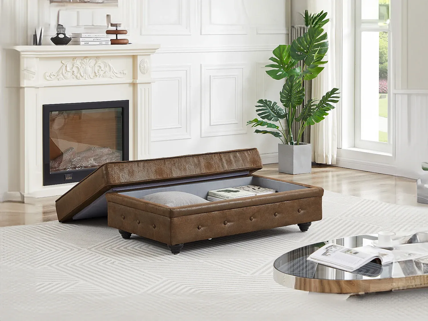 Stauraumhocker in Mikrofaser und Lederoptik