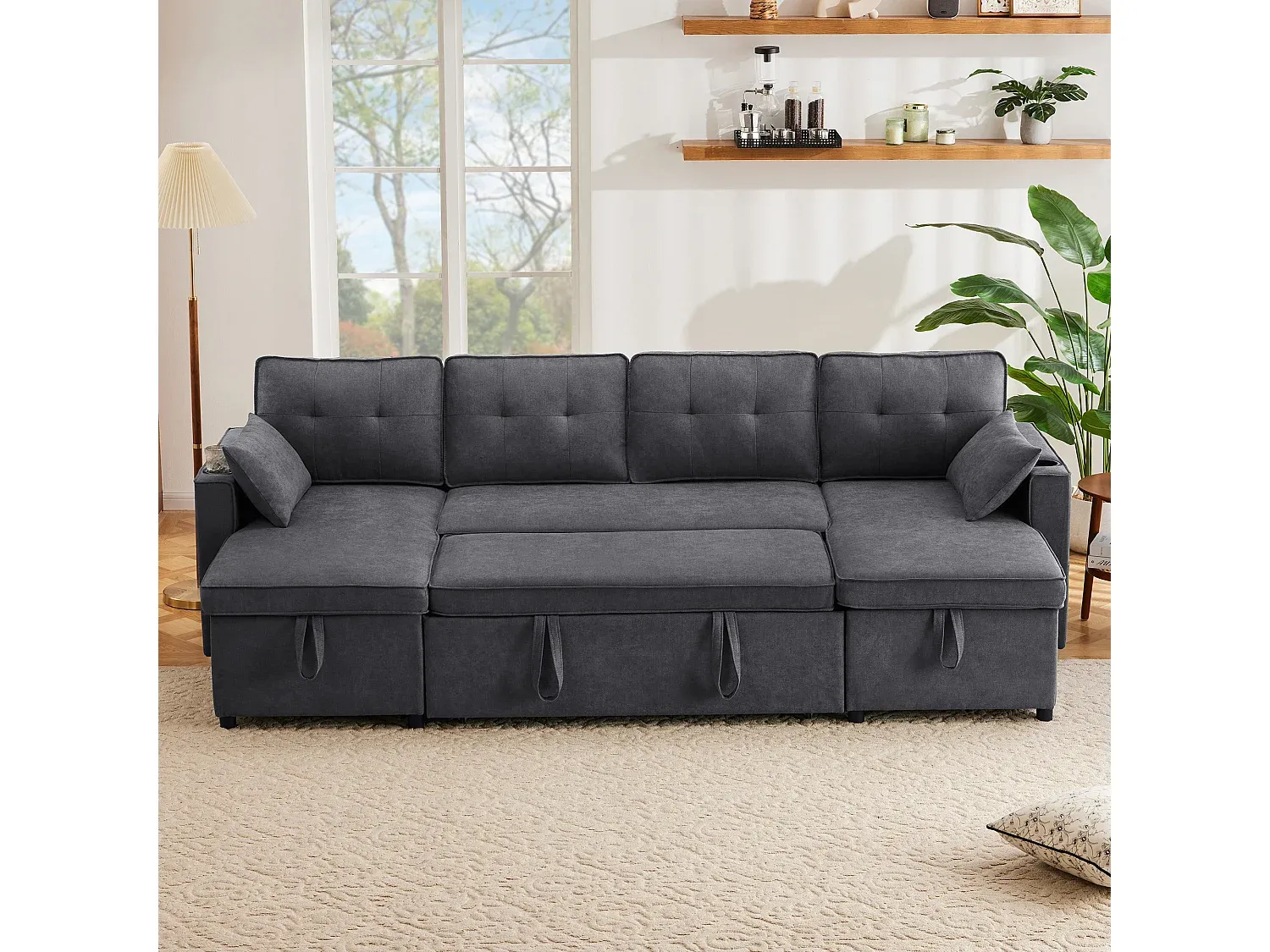 Modernes U-förmiges Schlafsofa für vier Personen mit Stauraum und Getränkehalter, Grau