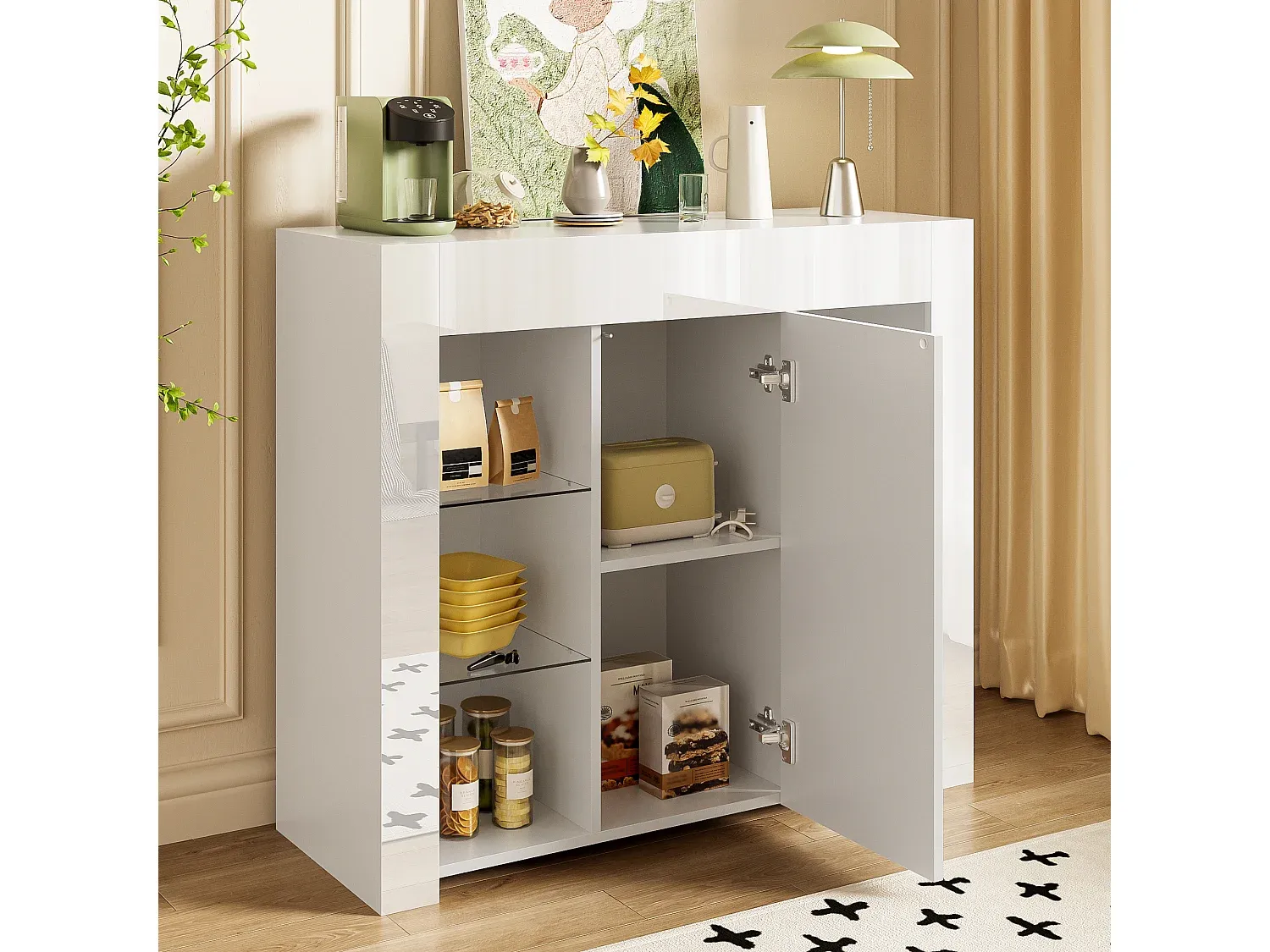 Moderne Sideboard mit Glasregalen und Hochglanz-Finish