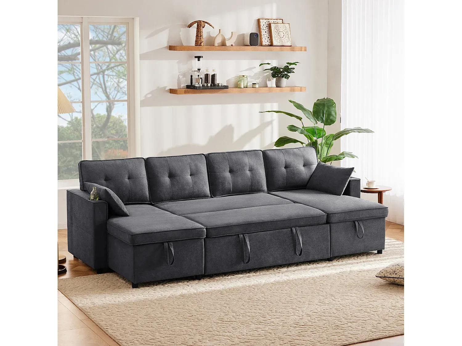 Modernes U-förmiges Schlafsofa für vier Personen mit Stauraum und Getränkehalter, Grau