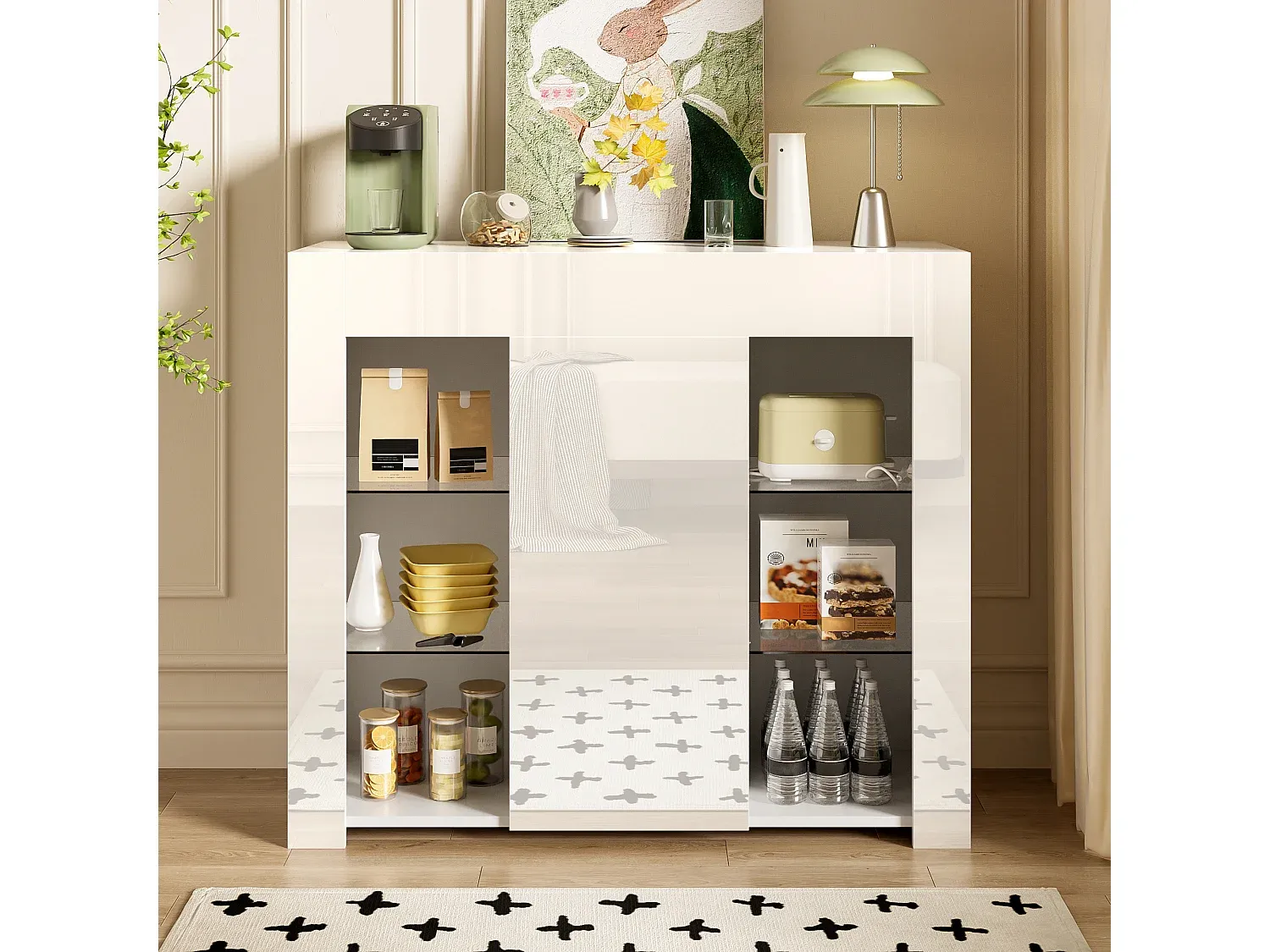 Moderne Sideboard mit Glasregalen und Hochglanz-Finish