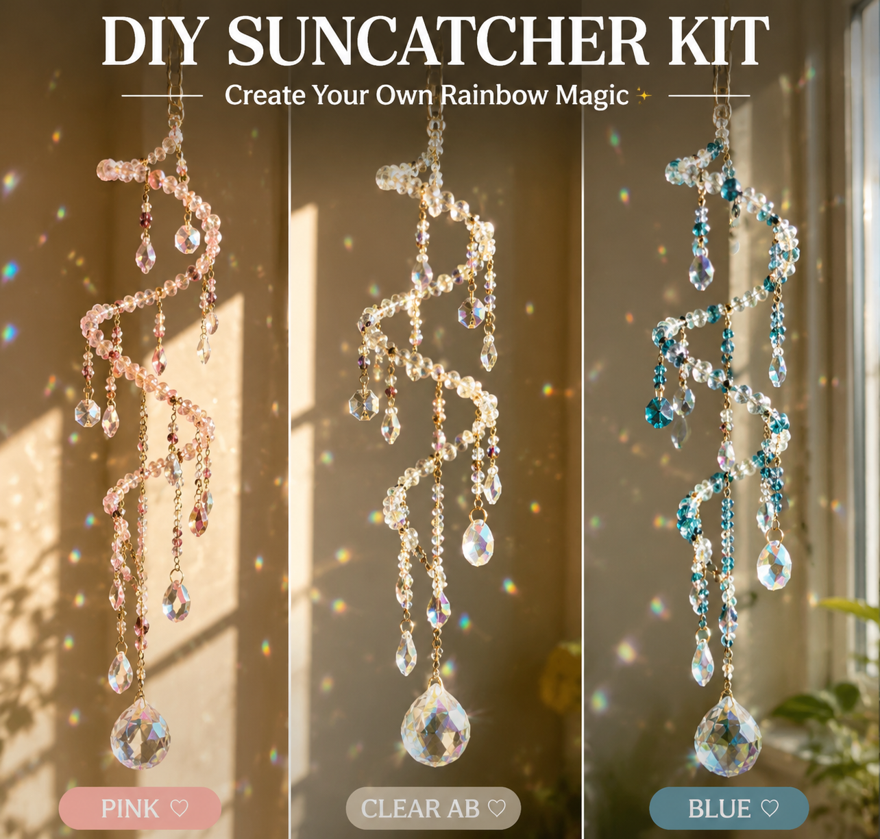 DIY suncatcher KIT set with natural crystal and colorful prism