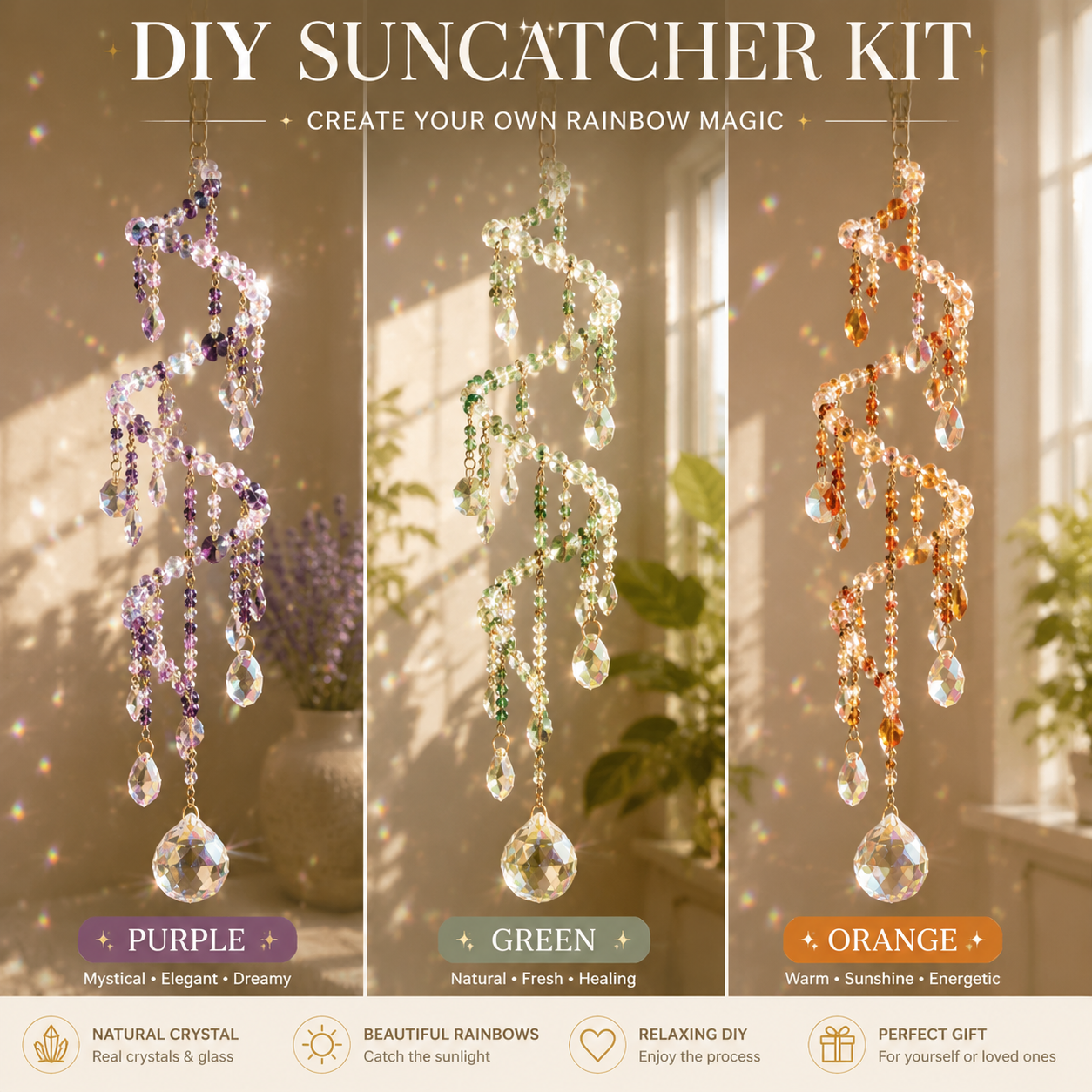 DIY suncatcher KIT set with natural crystal and colorful prism