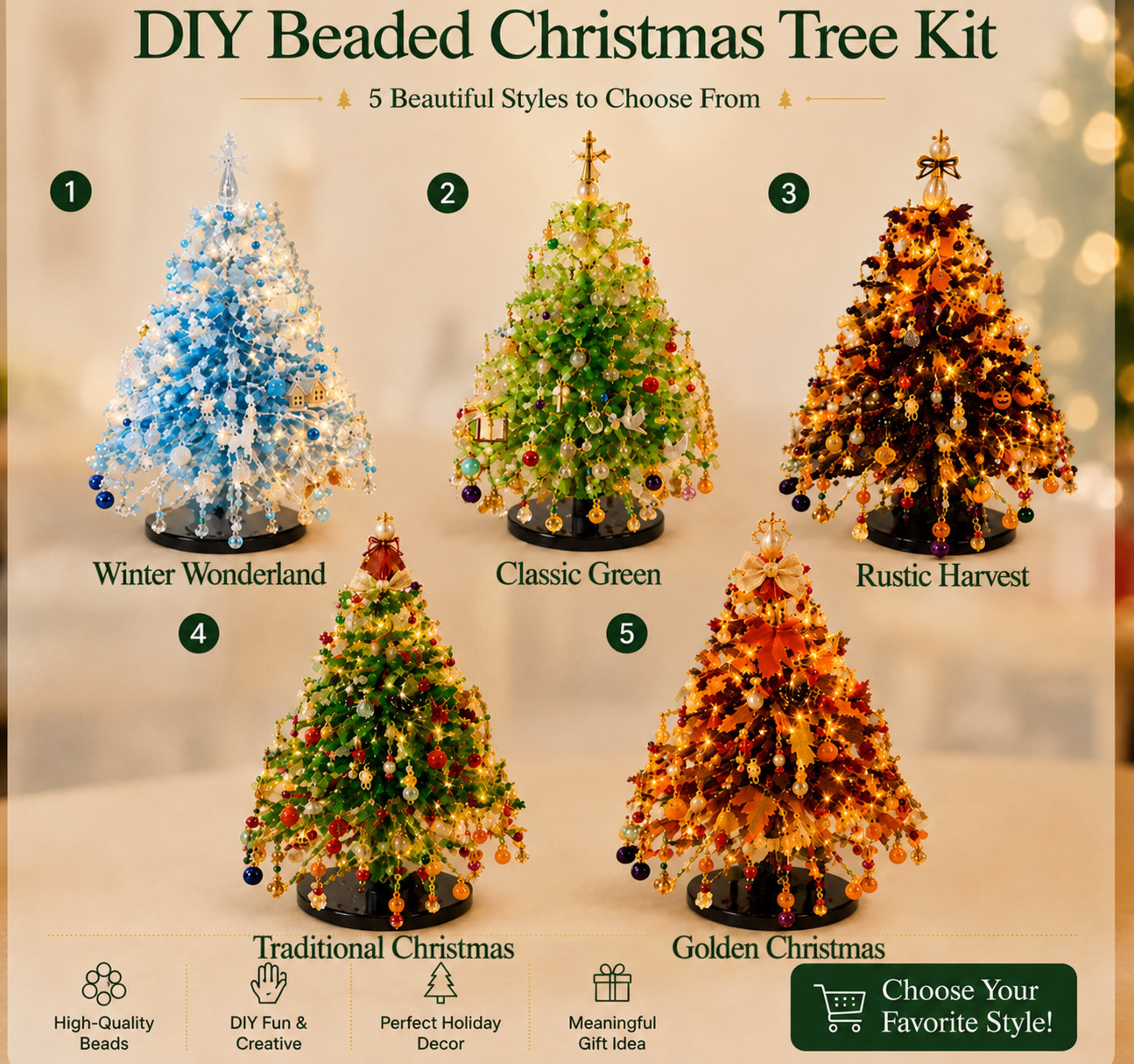 DIY Beaded Christmas Tree Kit with Lights