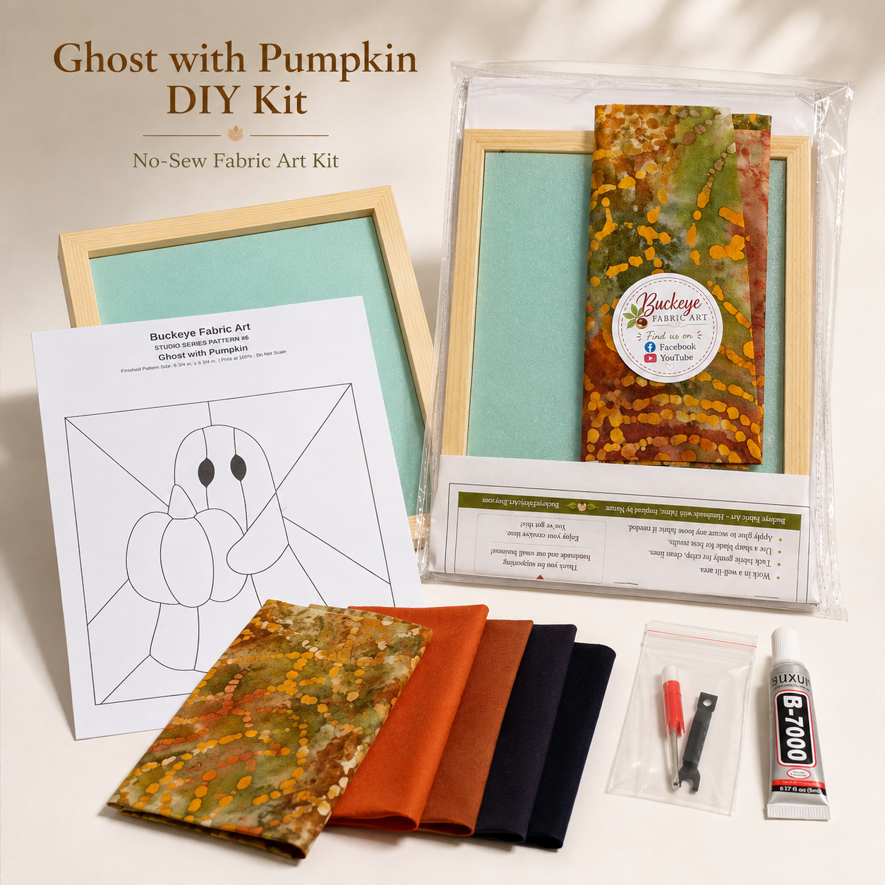 Ghost with Pumpkin DIY Kinusaiga Kit – No-Sew Halloween Fabric Art Kit