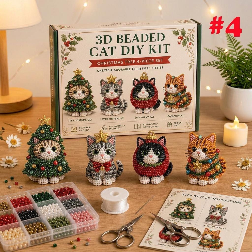 3D Beaded Christmas Cat DIY Kit Set of 4