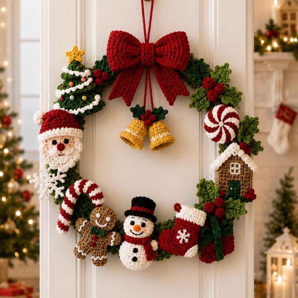 DIY Crochet Christmas Wreath with Reindeer, Santa, Snowman & Bell KIT