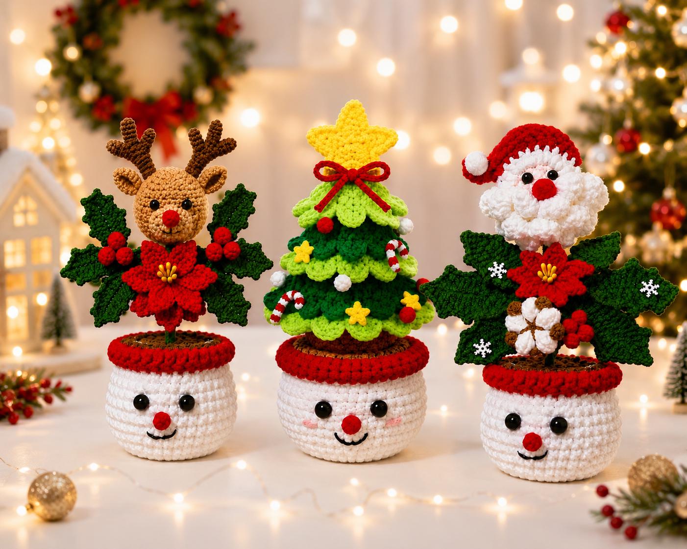 Handmade Crochet Christmas Character Pot Decor Kit
