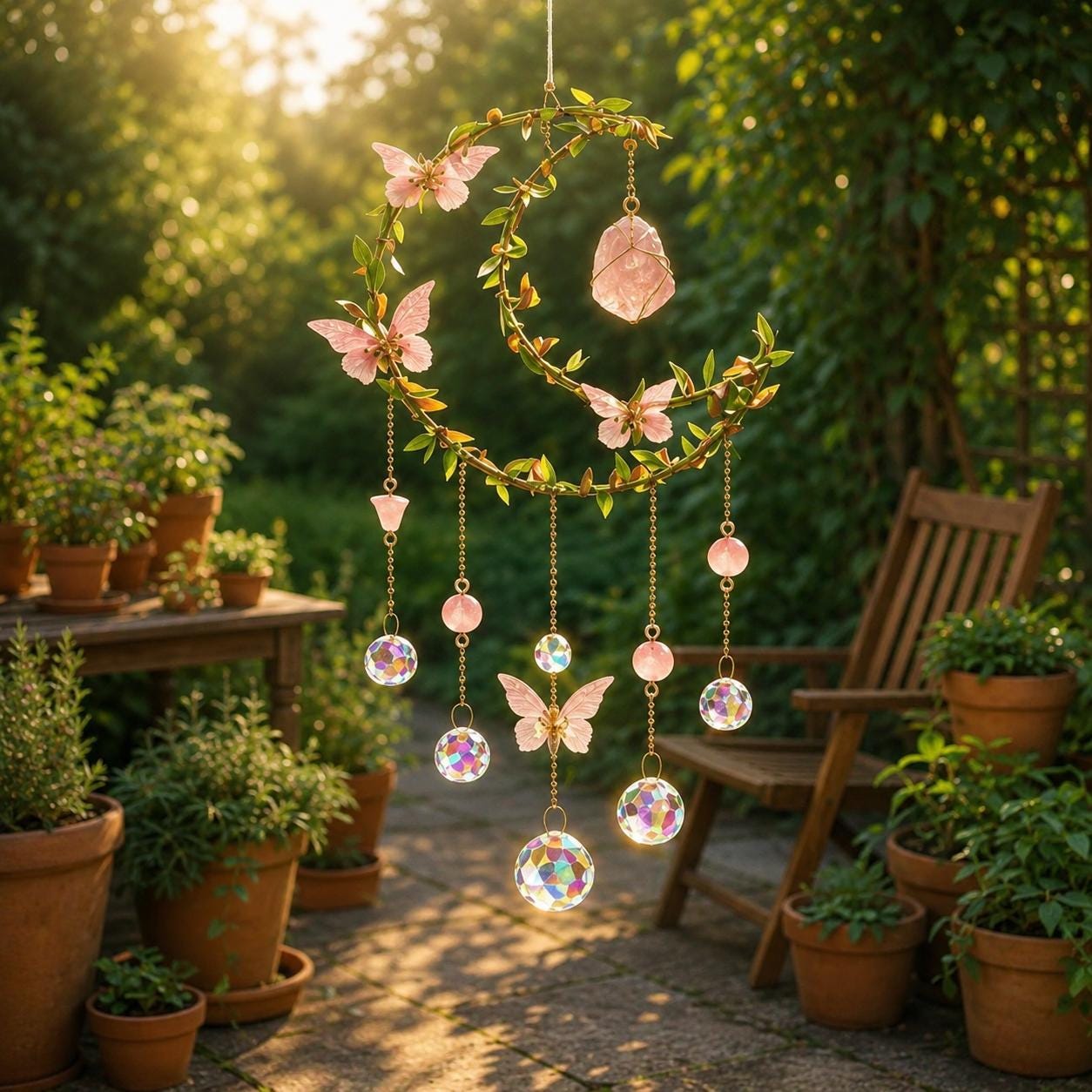Handmade Boho Moon Suncatcher with Butterfly & Pink Flowers