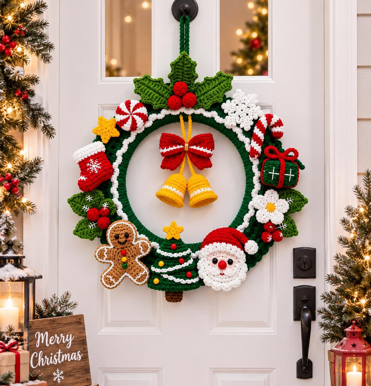 DIY Crochet Christmas Wreath with Reindeer, Santa, Snowman & Bell KIT