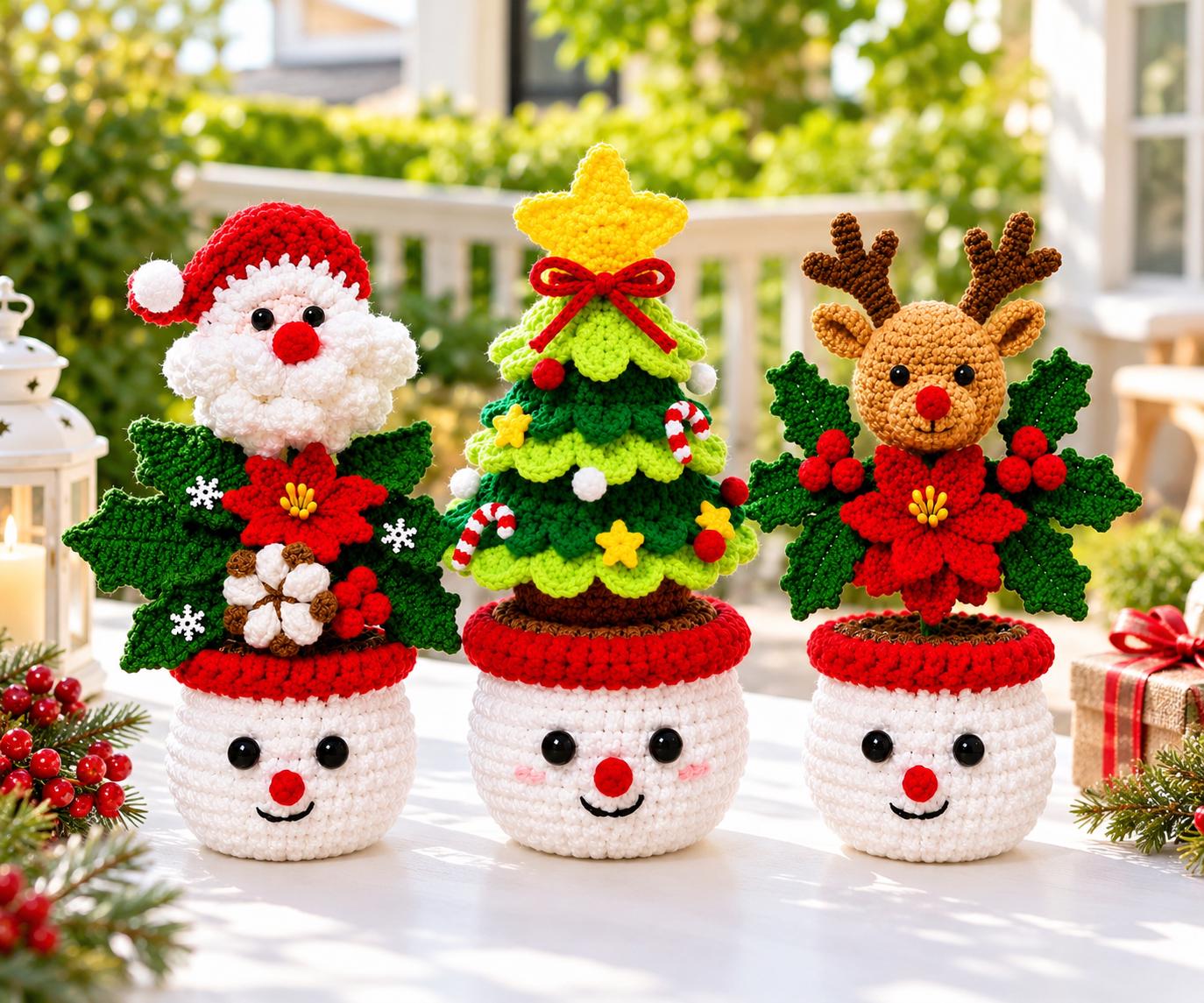Handmade Crochet Christmas Character Pot Decor Kit