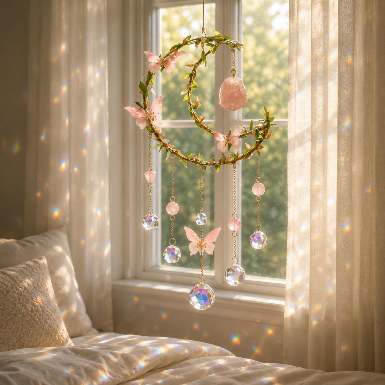 Handmade Boho Moon Suncatcher with Butterfly & Pink Flowers