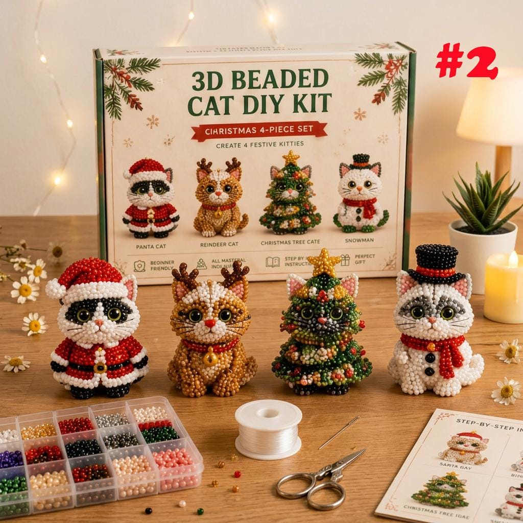 3D Beaded Christmas Cat DIY Kit Set of 4