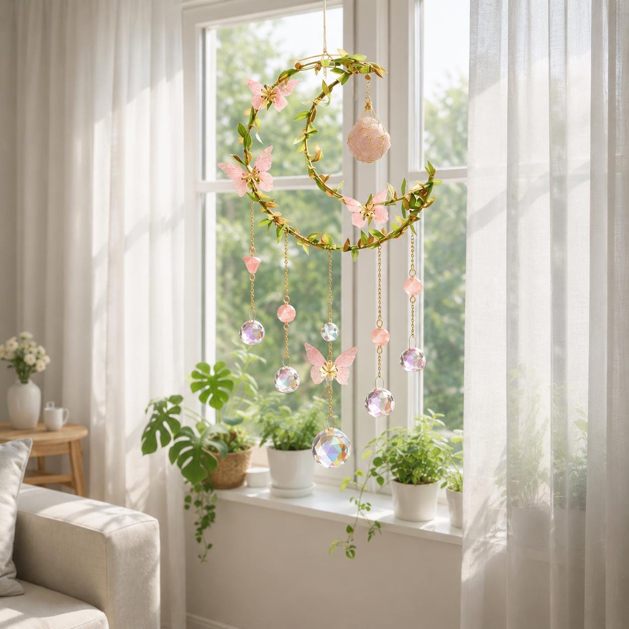 Handmade Boho Moon Suncatcher with Butterfly & Pink Flowers