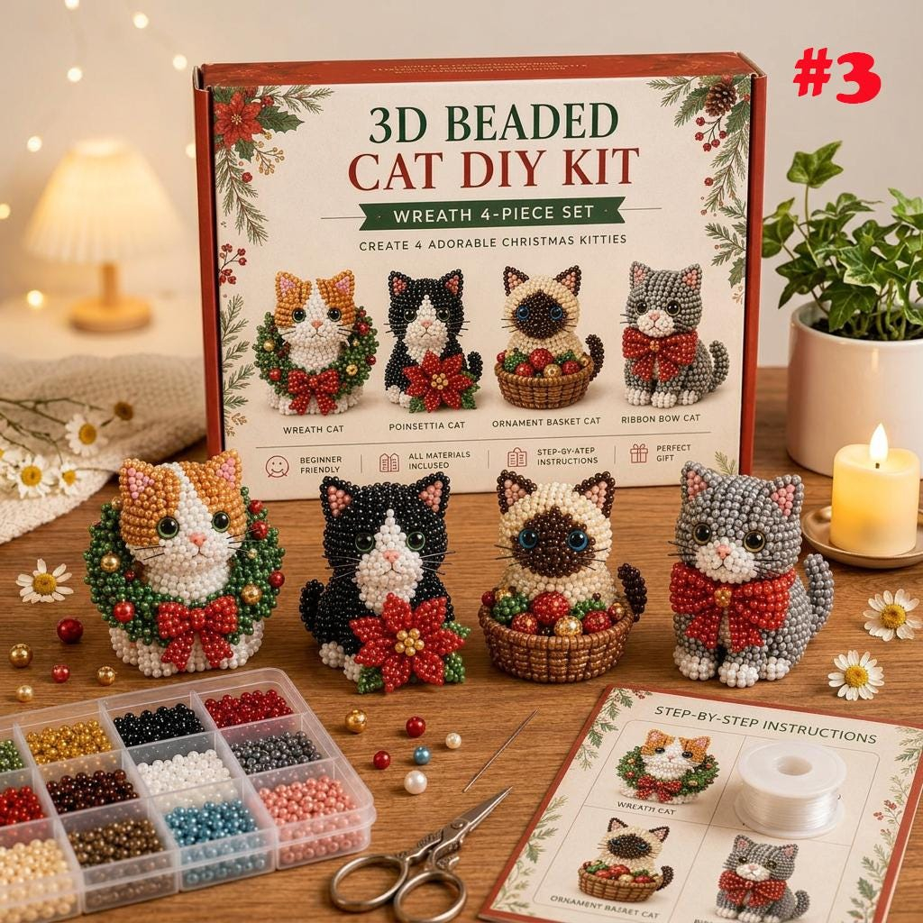 3D Beaded Christmas Cat DIY Kit Set of 4