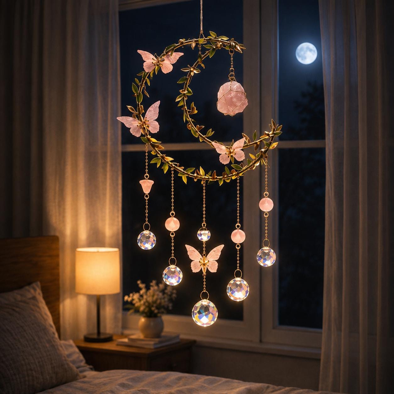 Handmade Boho Moon Suncatcher with Butterfly & Pink Flowers