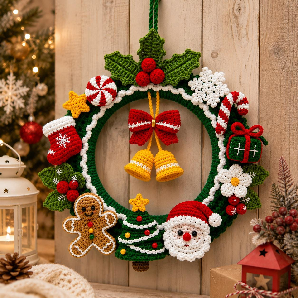 DIY Crochet Christmas Wreath with Reindeer, Santa, Snowman & Bell KIT