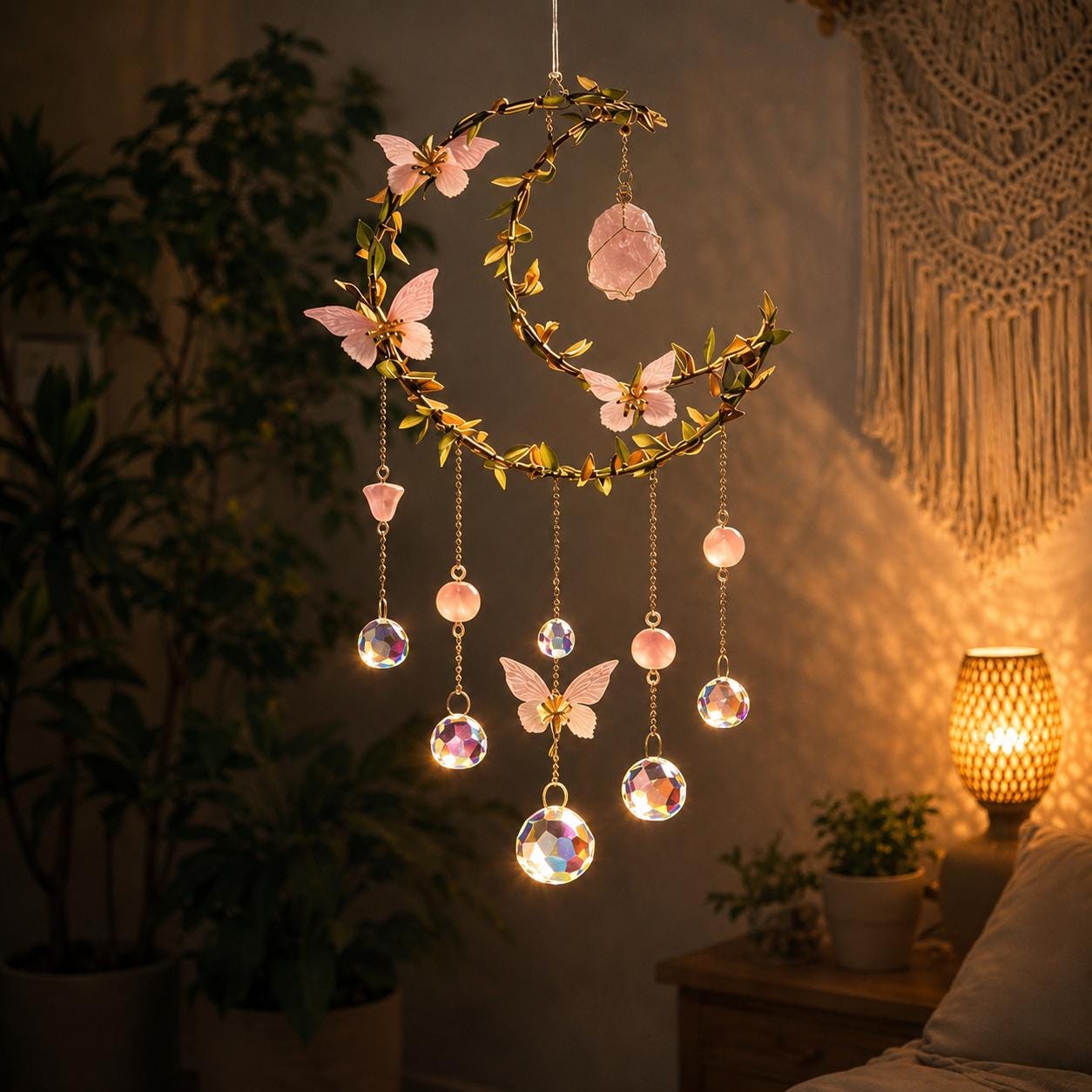 Handmade Boho Moon Suncatcher with Butterfly & Pink Flowers