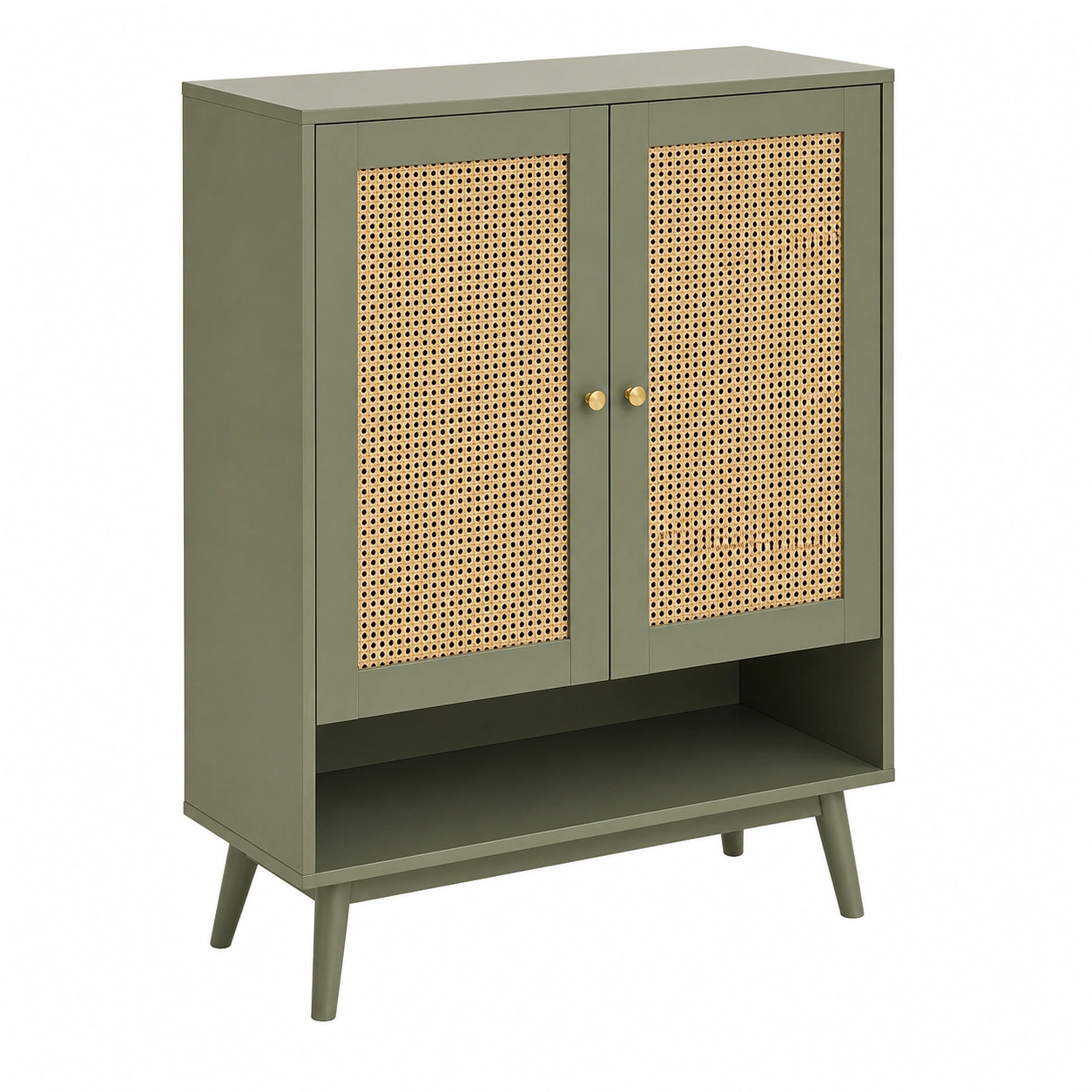 Zapatero moderno con puertas de ratán dise?o nórdico color verde oliva-cartsiro