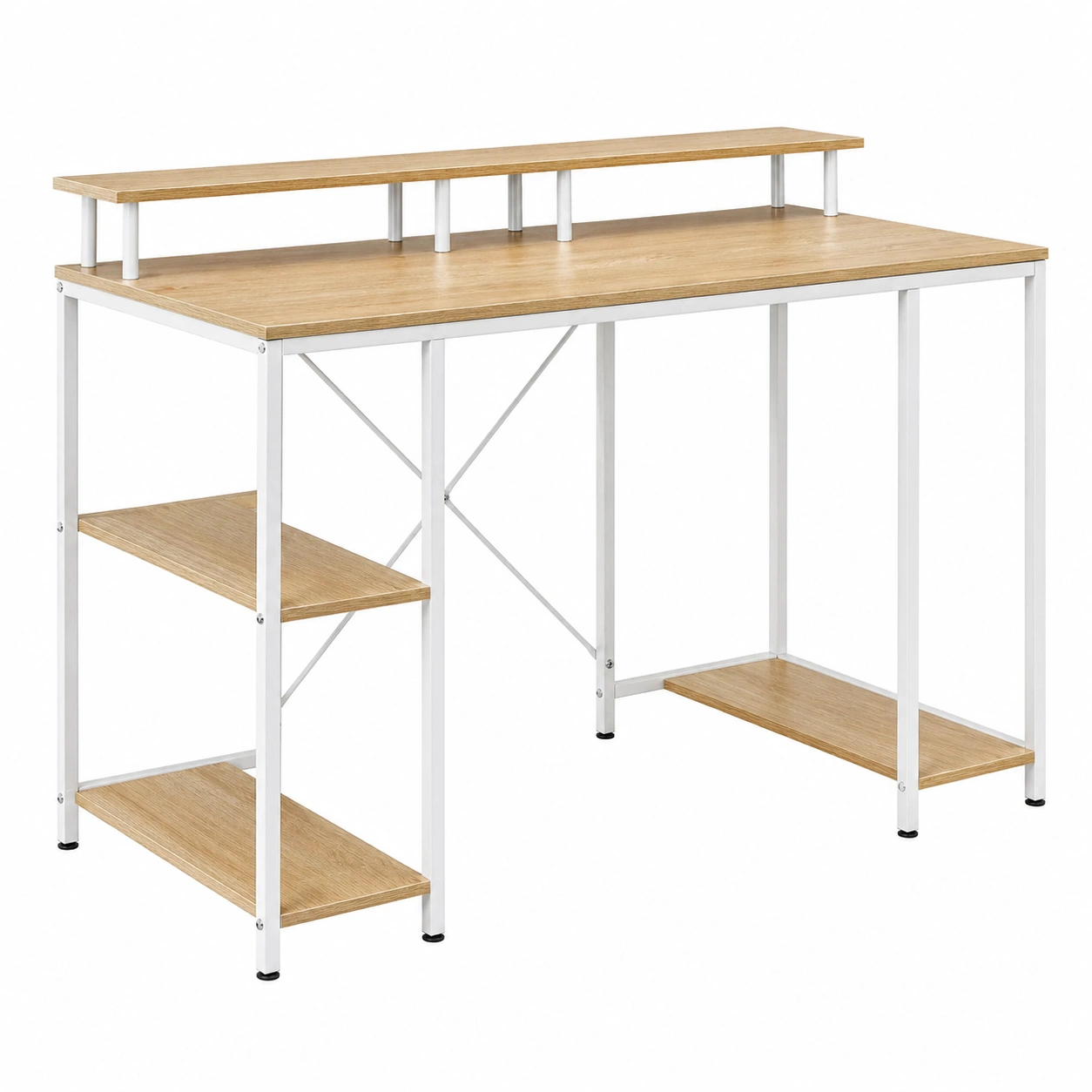 Escritorio en L moderno con estanterías integradas 120×60 cm acabado roble claro y estructura blanca-cartsiro