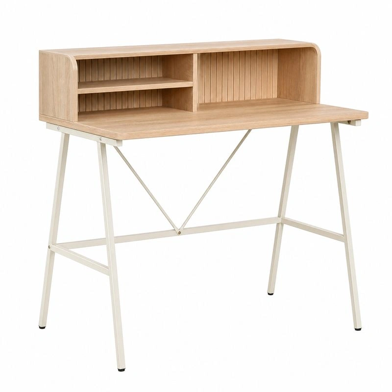 Escritorio moderno con estantería superior y estructura metálica efecto madera oscura 100x53 cm-buylirae