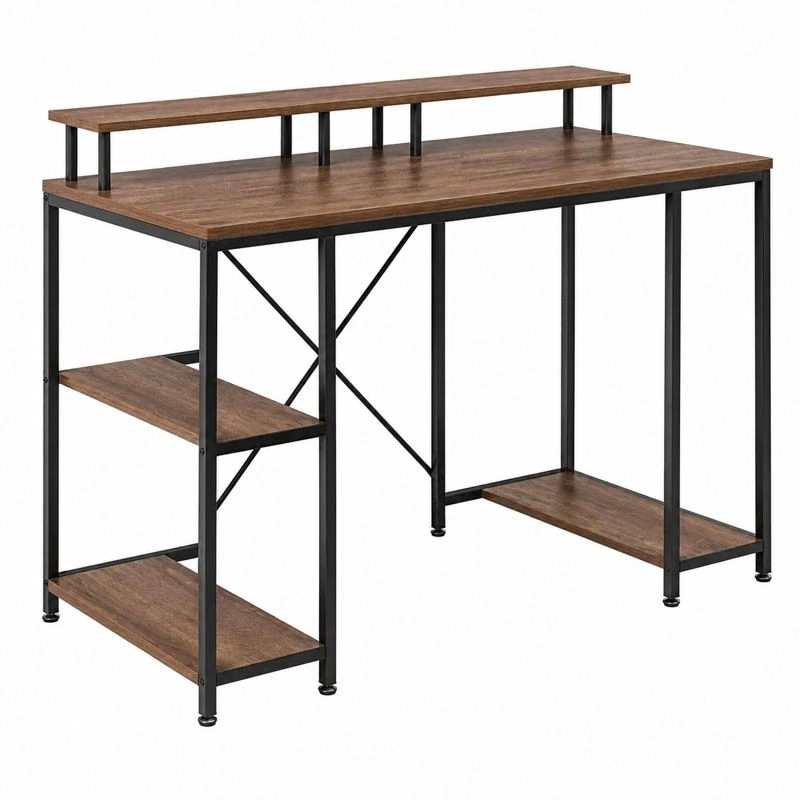 Escritorio gamer industrial con estantes y soporte superior acabado madera oscura 120 x 60 cm-buylirae