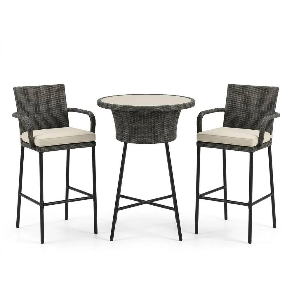 Conjunto de comedor de exterior de ratán sintético gris con cojines beige