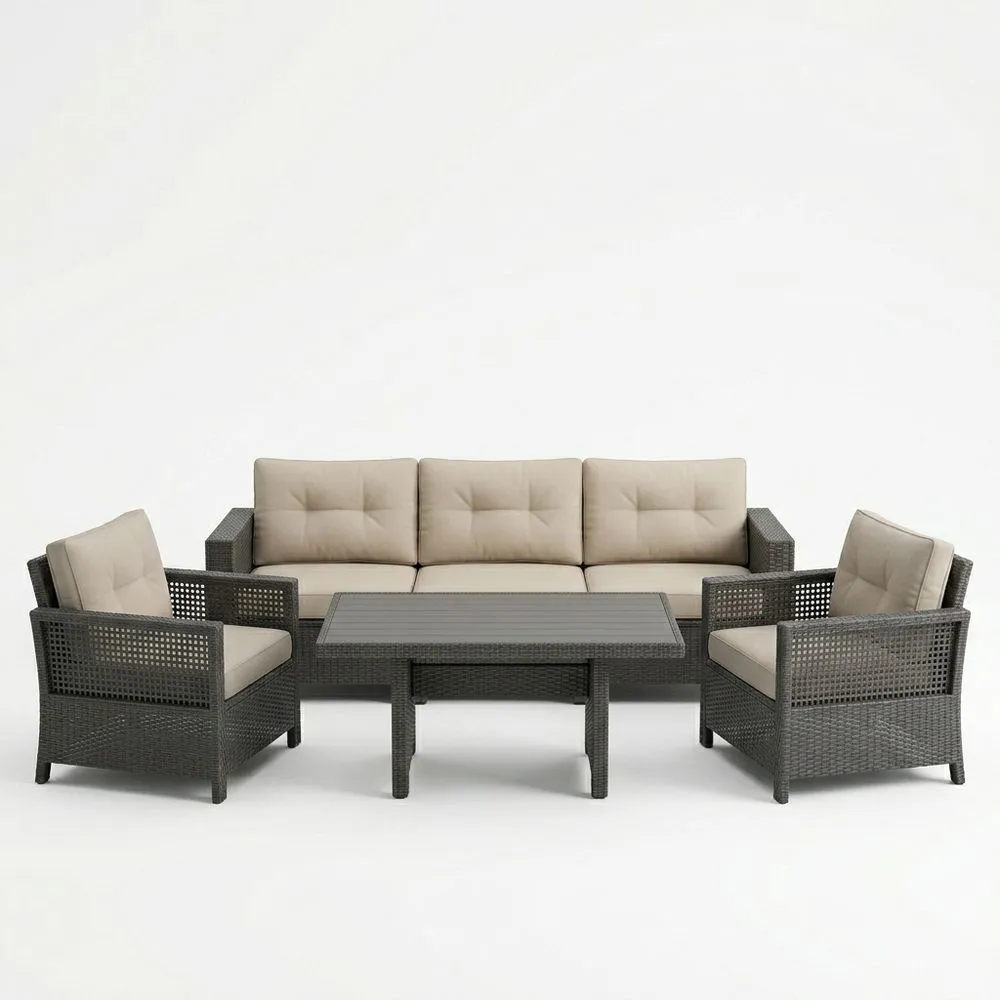 Conjunto de Muebles de Jardín Ratan Sintético Gris Cojines Beige Sofá Mesa Exterior