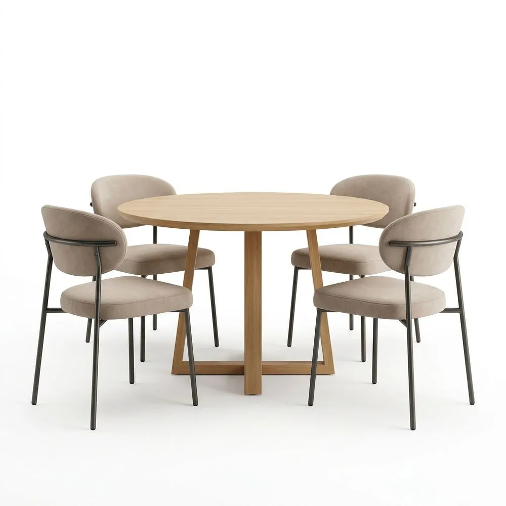 Juego de comedor de MDF y madera maciza con sillas de tejido de poliéster beige