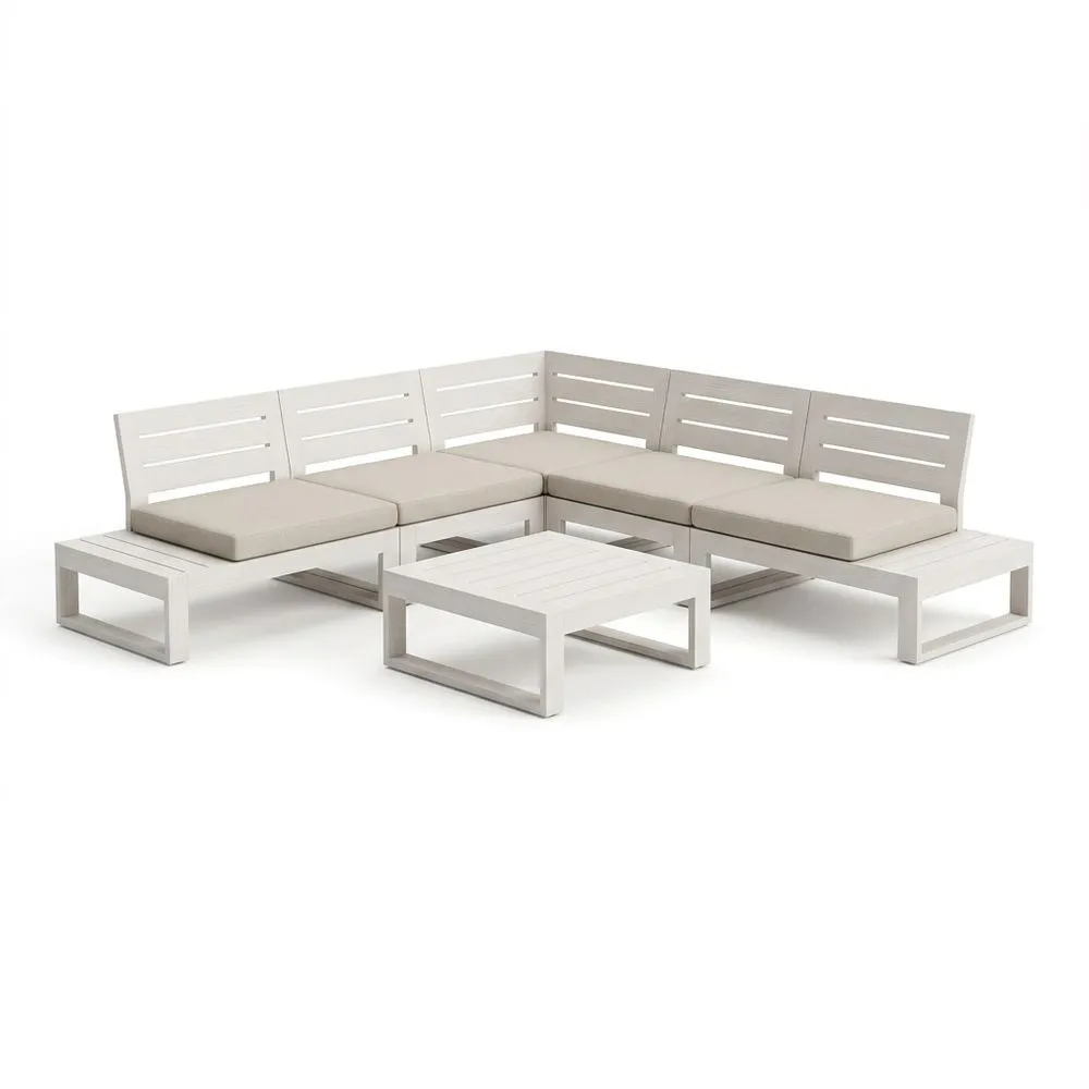 Conjunto de sofá rinconero de aluminio blanco con cojines beige, longitud 200 cm x ancho 200 cm