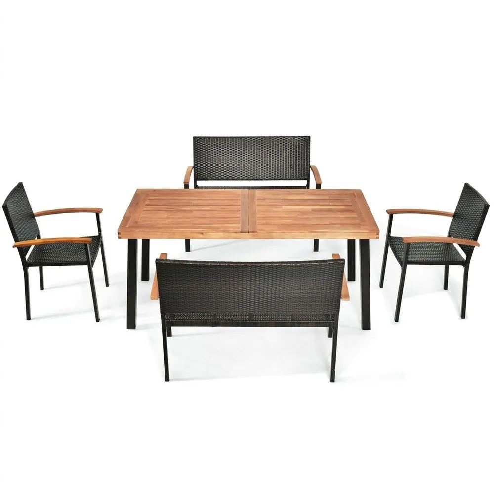 Conjunto de muebles de jardín 5 piezas madera y ratán sintético Negro/Marrón