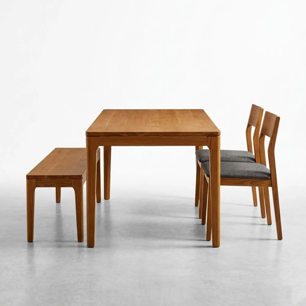 Conjunto de Comedor de Madera con Mesa, Banco y Sillas Tapizadas