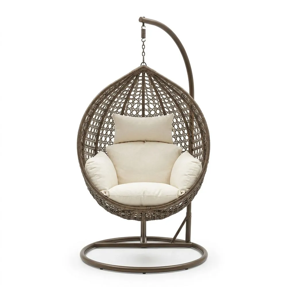 Silla Colgante de Rattan Sintético Marrón con Cojines Beige para Interior y Exterior