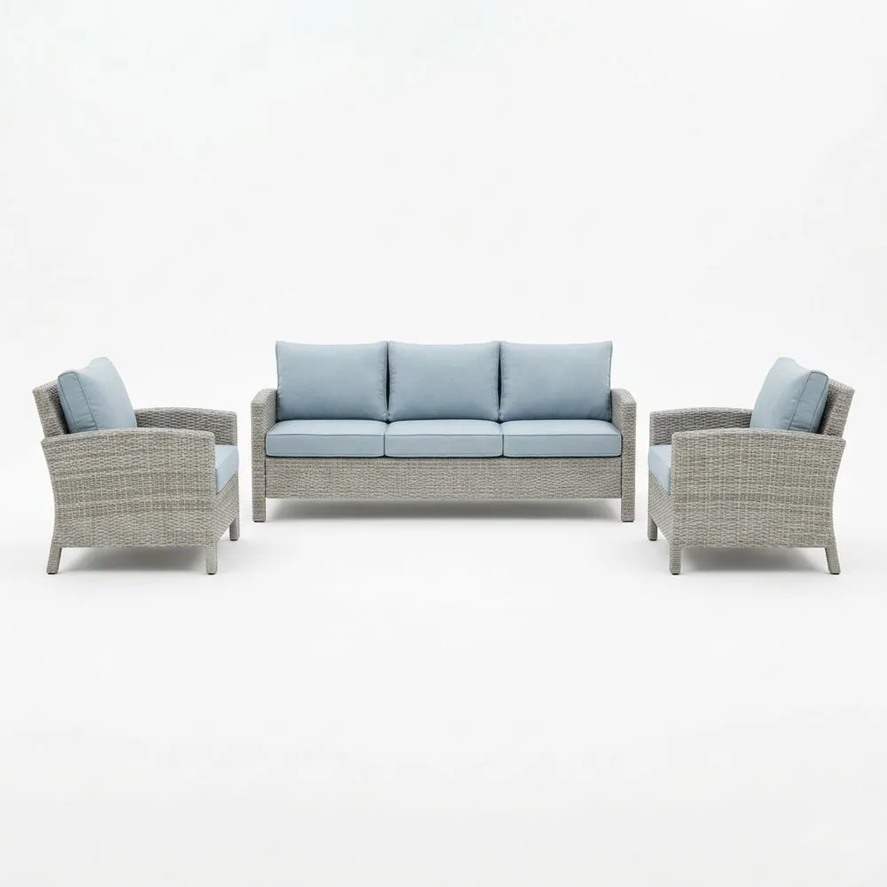 Set de Sofás de Ratán Sintético Gris con Cojines de Poliéster Azul