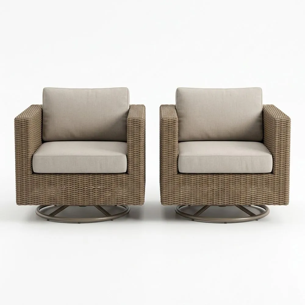 Juego de 2 sillas giratorias de mimbre sintético con cojines