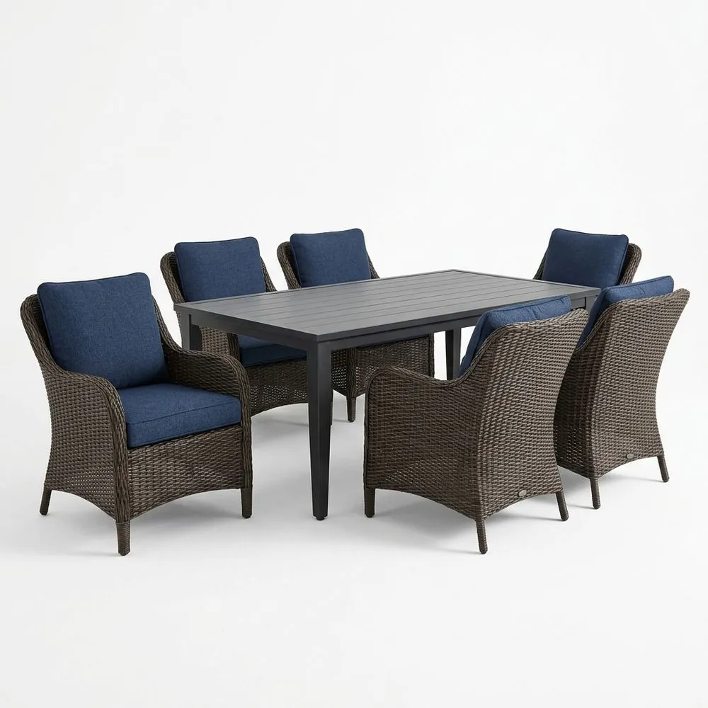 Conjunto de comedor exterior 6 plazas mesa de aluminio negro y sillones de ratán marrón con cojines azules
