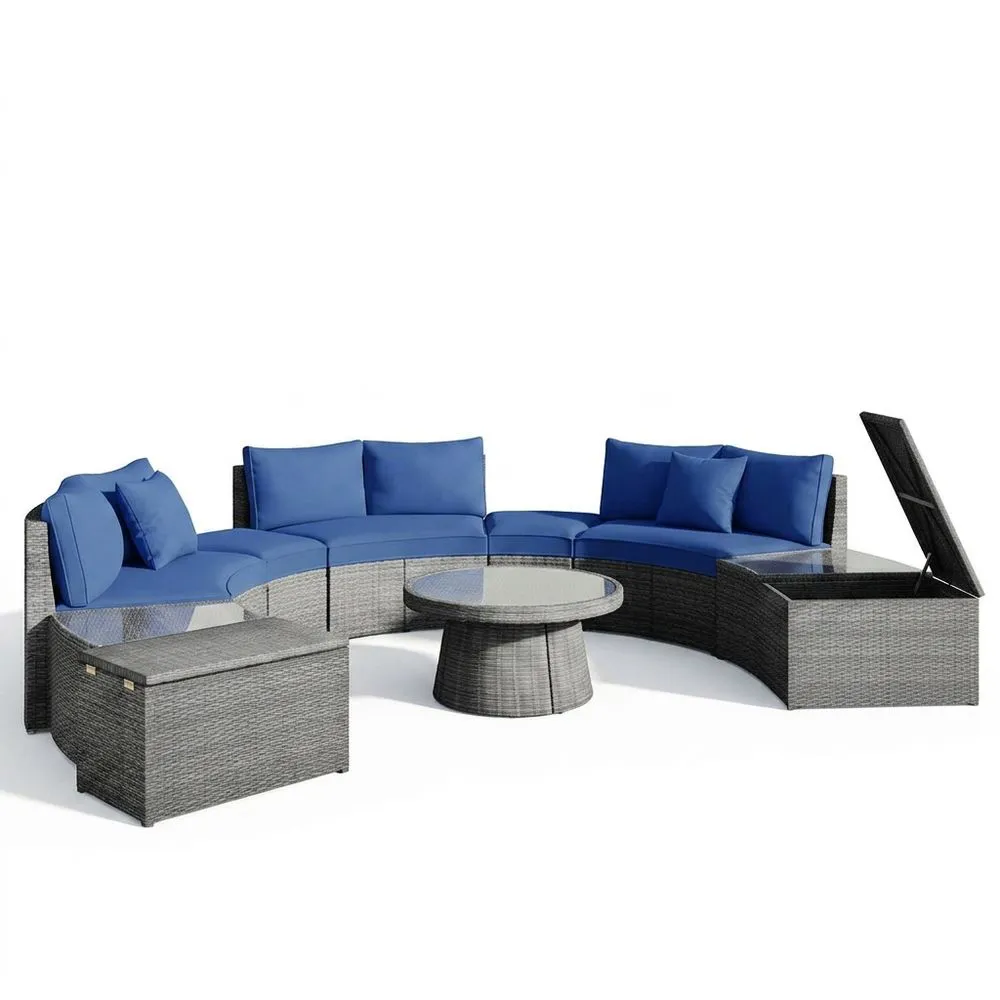 Conjunto de Muebles de Jardín de Ratán Sintético Gris con Cojines Azules